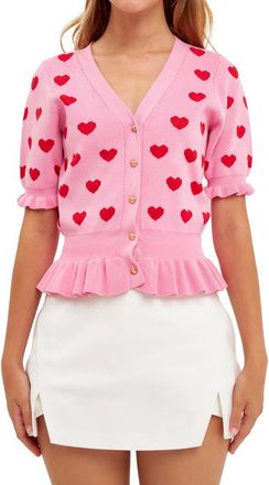 English Factory Puff Sleeve Heart Cardigan in Pink/Red at Nordstrom, Size Small