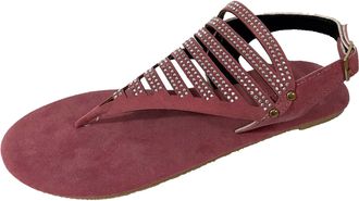 Generic Thong Sandals For Women Rhinestone Embellishments Sandals Solid Color Leather Sandal T-Bar Flat Roman Sandal Ankle Strap Buckle Shoes Fashion Walking 