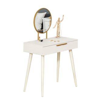 HOMCOM Modern Dressing Table With Round Mirror - Makeup Vanity Table With 2 Drawers For Bedroom - Living Room - White Desk W/ Mirror Bedroom - Home Living |