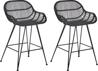 Beliani Conjunto De 2 Sillas De Bar Boho De Rat&aacute;n Comedor Cocina Patas De Hierro Negro Terrell
