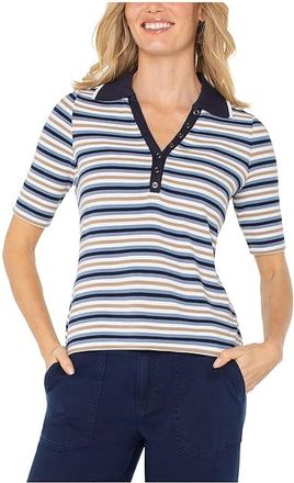 Liverpool L.A. Shirred 1/2 Sleeve Collared Henley Knit Top Womens Clothing Blue Stripe : SM, Spandex/Viscose