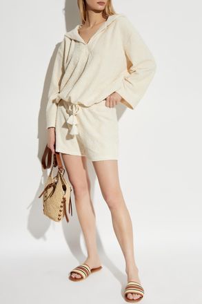 Tory Burch Cotton Shorts With Monogram, Womens, Cream