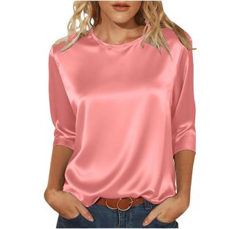 Generic Satin Tops for Women Elegant Going Out Tops Crew Neck 3/4 Sleeve Silk Blouse Ladies Tshirts Shiny Baggy Fashion Tunic Top Casaul Loose Party Business 