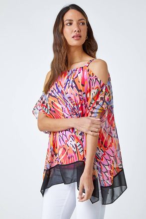 Roman Butterfly Contrast Cold Shoulder Chiffon Top