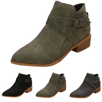 Generic Womens Ankle Boots Roman Retro Short Boots for Women - Autumn/Winter Large Size with Chunky Medium Heel Pointed Toe Design for Casual and (Army Green,