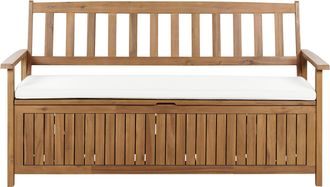 Beliani Banco De Jard&iacute;n Con Almacenaje De Madera Maciza De Acacia R&uacute;stico 160 Cm Con Coj&iacute;n Blanco Crema Sovana