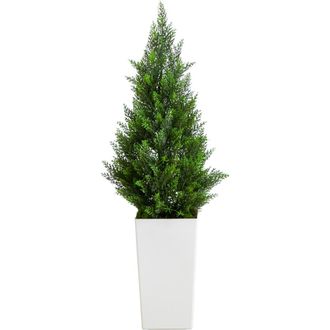 Nearly Natural 3-ft UV Resistant Artificial Cedar Tree in White Tower Planter in Green at Nordstrom