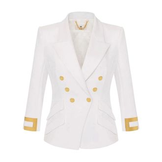 Elisabetta Franchi Jas in dubbel laags stretch cr&ecirc;pe stof met juwelenlogo - Dames - Jassen - Beige - Maat: XL Leer