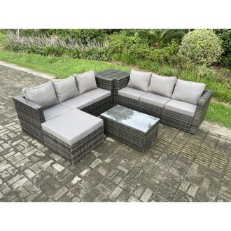 Fimous Fimous 7 Seater Rattan Garden Furniture Set Outdoor Patio Sofa Set with Oblong Coffee Table Side Table Big Footstool Dark Grey Mixed