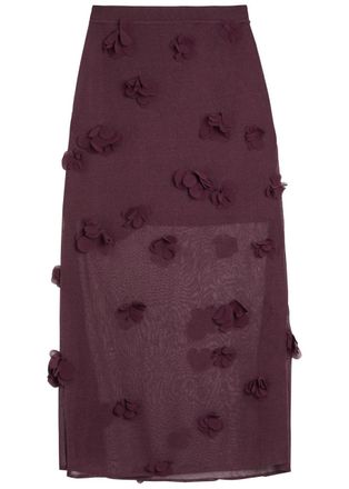 SIMKHAI Cora Floral-appliqu&eacute;d Fine-knit Midi Skirt - Purple - S (UK8-10 / S)