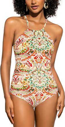 SHEKINI Women High Neck One Piece Swimsuit Tummy Control Swimming Costume Ruched Criss Cross Beach Swimwear Bathing Suit