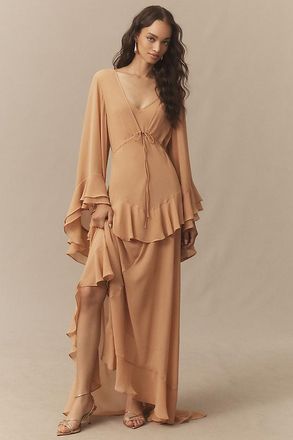De La Vali Calypso Long-Sleeve Ruffled Georgette Maxi Dress
