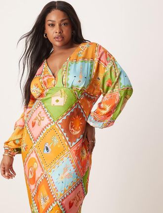 Never Fully Dressed Plus balloon sleeve midaxi dress in multi print