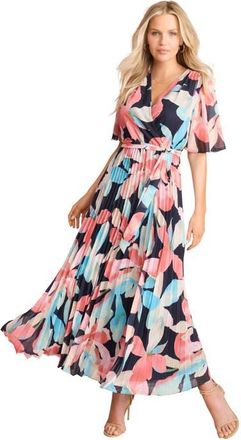 Roaman's Pleated Faux Wrap Dress in Navy Floral at Nordstrom, Size 14