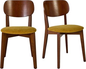 Miliboo Sillas Vintage De Madera De Roble Oscuro Y Tela Con Efecto Terciopelo Amarillo Mostaza (lote De 2) Lucia