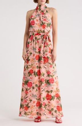 Eliza J Floral Halter Neck Sleeveless Maxi Dress in Blush at Nordstrom Rack, Size 14
