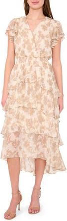 Halogen Floral Flutter Sleeve Tiered Maxi Dress in Oxford Tan at Nordstrom Rack, Size Xx-Small