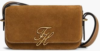 Tommy Hilfiger Womens Script Monogram Suede Crossbody Bag - Cognac