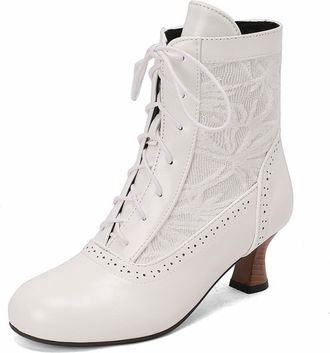 Generic Womens Lace Up Vintage Victorian Boots Round Toe PU Leather Short Boots Kitten Heel Retro Dress Boot,White,10.5 UK