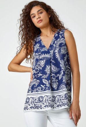 Roman Sleeveless V-Neck Paisley Pleat Front Top