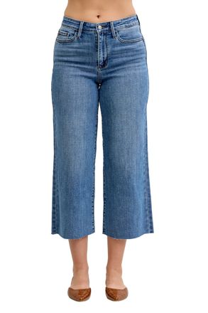 Judy Blue Womens Jeans - High Waisted Wide Crop Classic Raw Hem, Medium Blue, 11