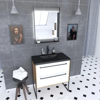 Aurlane Aurlane - Mueble De Ba&ntilde;o 80x50cm - Lavabo Negro 80x50cm - 2 Cajones - Espejo Led