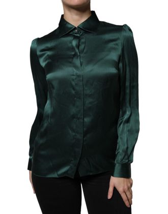 Dolce & Gabbana Womens Dark Green Silk Button Down Long Sleeves Blouse Top
