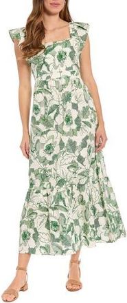 London Times Ruffle Sleeve Square Neck Maxi Dress in Soft White/Pine at Nordstrom Rack, Size 12