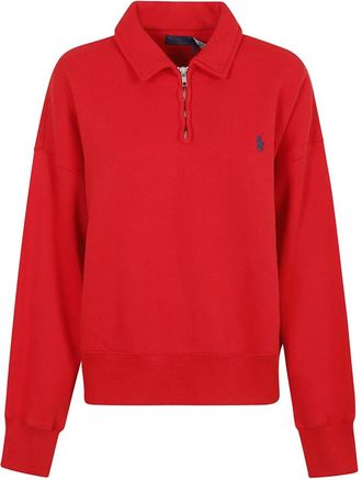 Ralph Lauren Sweatshirt met halve rits en kraag - Dames - Vesten met rits - Rood - S - Katoen - Hoodies & sweatvesten