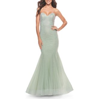 La Femme Rhinestone Mermaid Prom Dress with Sweetheart Neckline in Sage at Nordstrom, Size 00