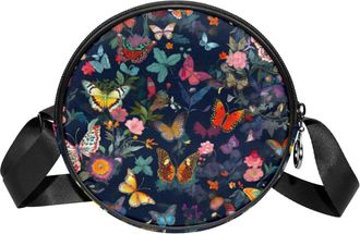 Generic Circle Crossbody Bag for Women, Butterflies Flowers Small Sling Bag Daypack with Zipper Adjustable Shoulder Straps Casual Ladies Girls Round Purse