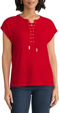 Jones New York Lace-Up Crepe Top in Rouge at Nordstrom, Size X-Large