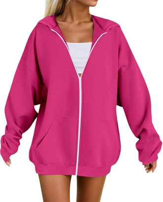 Generic Hoodies for Women UK Oversized Zip Up Hoodie Women Casual Solid Color Sweatshirts with Pockets Loose Long Sleeve Comfy Pullover Fall Winter Womens Jac