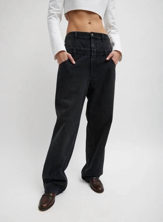 Tibi Vintage Denim Double Waisted Slouchy Carpenter Jean In Black