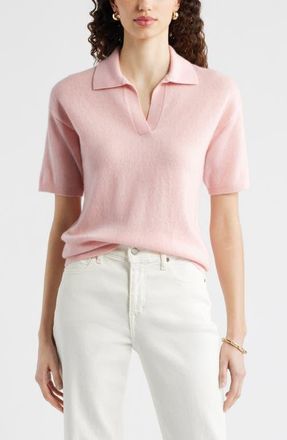 Nordstrom Cashmere Johnny Collar Short Sleeve Sweater in Pink Dogwood at Nordstrom, Size Xx-Large