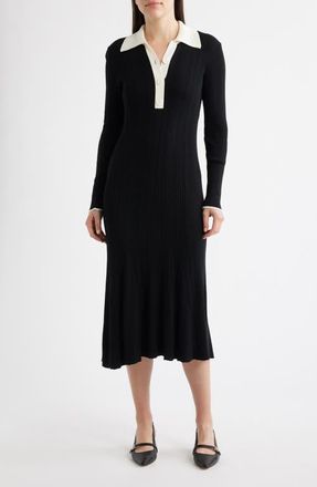 Julia Jordan Long Sleeve Rib Polo Sweater Dress in Black Ivory at Nordstrom, Size X-Small