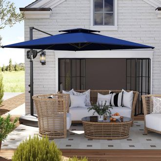 OUTSUNNY Garden Cantilever Parasol w/ Weighted Base Tilt Crank in Blue