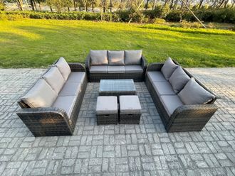 Fimous Rattan Lounge Sofa Set 11 Seater Outdoor Garden Furniture Set with Rectangular Coffee Table 3 Seater Sofa 2 Small Footstools in Dark Grey