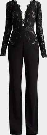 Tadashi Shoji Amaris Plunging Illusion Lace & Crepe Jumpsuit
