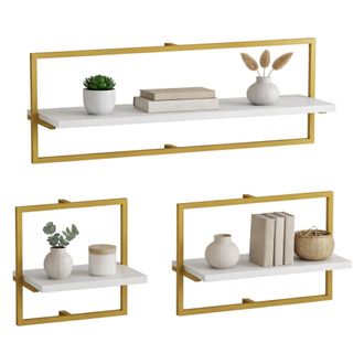 Dmora Estante Gerano, 3 Niveles, Set De 3, Estructura Color Oro, 80x20x30h Cm Blanco