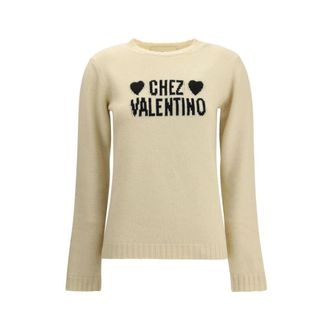 Valentino Round-neck Knitwear, female, Beige, Size: S Wool Sweater with Embroidered Hearts