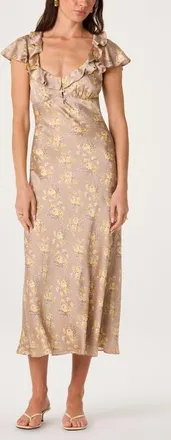ASTR the Label Nico Floral Ruffle Cap Sleeve Midi Dress in Taupe Yellow Floral at Nordstrom, Size X-Large