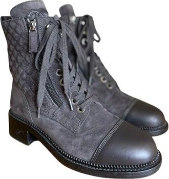 Chanel Grey Suede and Leather Combat Boots Size 38.5