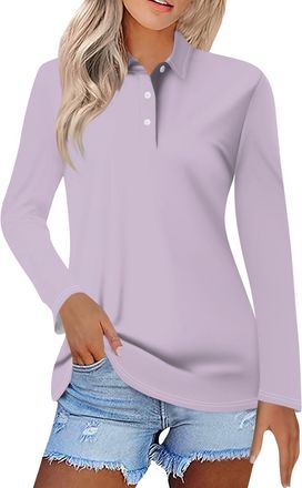 Generic Womens Fall Fashion 2025 Lapel Long Sleeve Polo Shirts with Collar Button Casual Business Blouses Tops Light Purple XXL 32