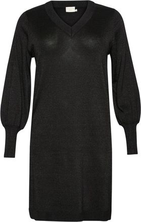 Kaffe Curve Zwarte Metallic Gebreide Jurk met Pofmouwen - Dames - Kleedjes - Zwart - S - Nylon - Kleedjes