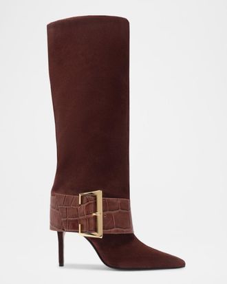 Schutz Beatrix Suede Knee-High Boots with Croc-Embossed Buckle