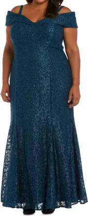 R & M Richards Off The Shoulder Fishtail Evening Gown In Peacock