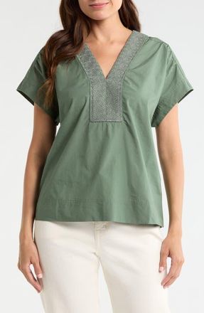 Tommy Bahama Oceana Isle Embroidered Cotton Popover Top in Dark Jade at Nordstrom, Size X-Large