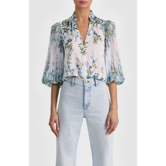 Alice & Olivia Ilan Floral Pleated Sleeve Button-Up Shirt in Fresh Air Carolina Blue at Nordstrom, Size X-Small