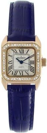 Peugeot Status Square Crystal Bezel Leather Watch - 34x24MM in Blue at Nordstrom